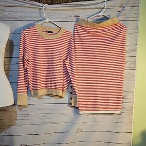 Striped Knit Set Top‎ & Skirt Coral Beige Long Sleeve Button Accents  Sz M